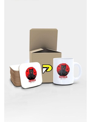 Catzilla Komik Kedi Tasarımlı Baskılı Kupa Bardak Seti, Eğlenceli Özel Hediye Mug