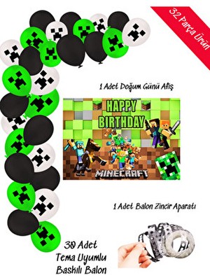 snowparty Minecraft Doğum Günü Parti Süsleri Çok Renkli Balon ve Afişli Zincir Set 32 Parça