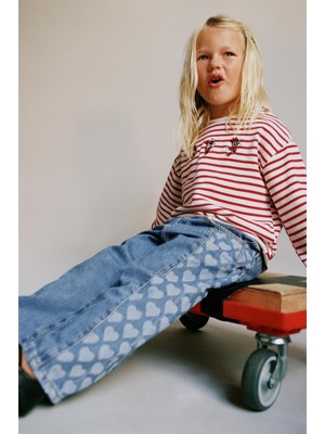 Magu Kız Çocuk Mavi Kalp Desenli Denim Pantolon