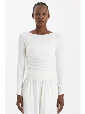 Kolları ve Yanları Büzgülü Uzun Kollu Spor Üst Kırık Beyaz