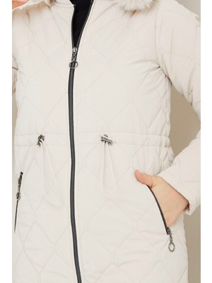 Hiramir Kadın Yeni Sezon Fermuarlı Belden Bağcıklı Novam Kumaş Kaban Taş KS2551