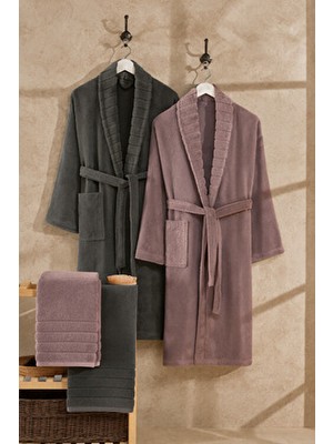 Casnack 4 Parça Bornoz Seti Pamuk Mürdüm Antrasit Renkli Cepli L - XL Özellikli