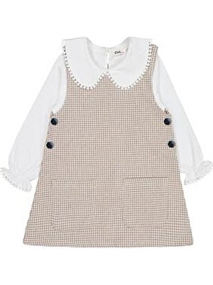 Civil Girls Yakası Pomponlu 2-5 Yaş Elbise - Bej 5-6 Yaş