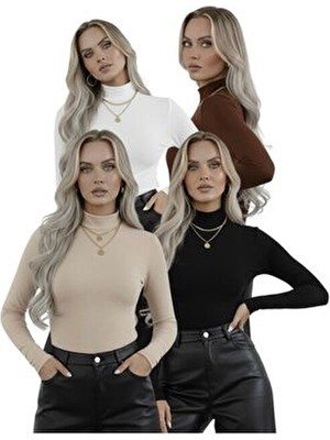 Hashtag Kadın Balıkçı Yaka Uzun Kollu Body – Basic Düz Model 4'lü Paket