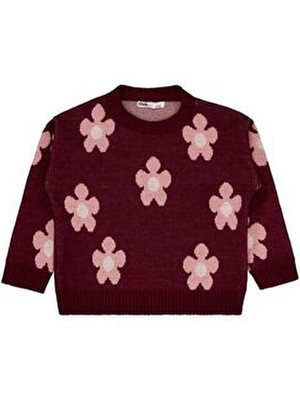 Civil Girls Civil Papatya Desenli Kız Çocuk Kazak Bordo 6-9 Yaş Uzun Kol Bisiklet Yaka