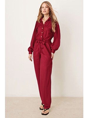 Armonika Kadın Bordo Önden Düğmeli Cepli Kuşaklı Kadife Tulum ARM-25K001084