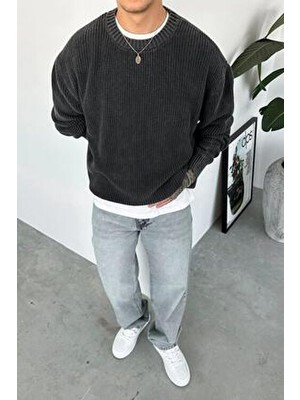 Antrasit Yıkamalı Fitilli Oversize Triko Kazak