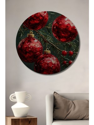 Teona Ahşap Kırmızı Yılbaşı Süsü Yağlı Boya Görünümlü Ahşap Dekoratif Tablo Yuvarlak Duvar Tablosu