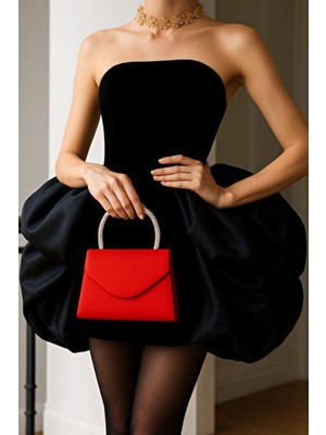 Nazart Kadın Saten Kırmızı Abiye Clutch  Zincir Askılı  El Düğün Nişan Gece Omuz  Çantası
