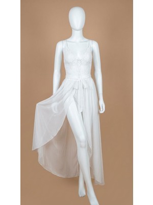 Aria's Closet Beyaz Belden Bağlamalı Dantelli Body Gecelik
