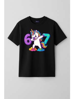 Mixxi Fashion Six Seven 67 Unicorn Tek Boynuzlu At Baskılı Kısa Kollu Kız Çocuk Tişört (4-13 Yaş)