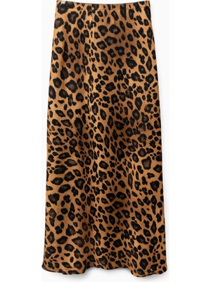 Mixray 4107 Kadın Leopar Desen Saten Etek Kahve