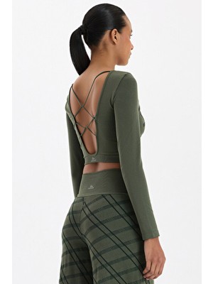 COMEUP Uzun Kollu Ekose Crop Top Haki