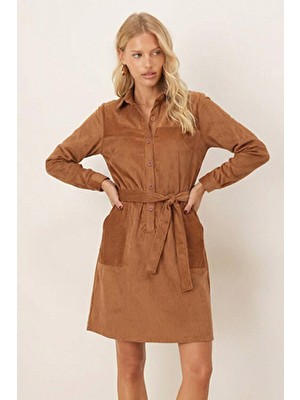 Armonika Kadın Camel Önden Düğmeli Cepli Kuşaklı Kadife Elbise ARM-25K001085