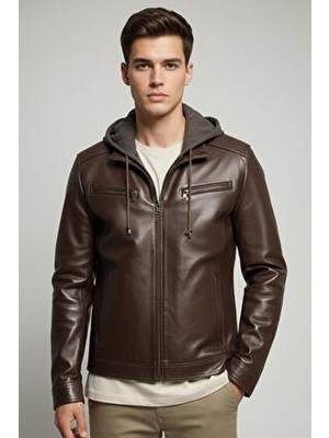 Deriderim Kahve Leonard Hakiki Deri Erkek Mont Slim Fit Kapüşonlu Yaka Düz Desenli