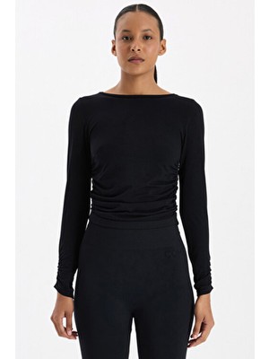 Kolları ve Yanları Büzgülü Uzun Kollu Spor Üst Siyah