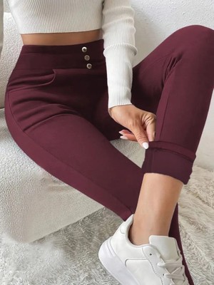 Başak Collection Kadın Yüksek Bel Cepli Düğmeli Şardonlu Dalgıç Tayt Pantolon