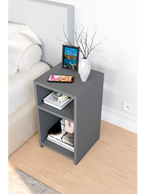 İntergo Core Modern Tasarımlı Yan Sehpa, Raflı Komodin Gri Suntalam Materyal ile