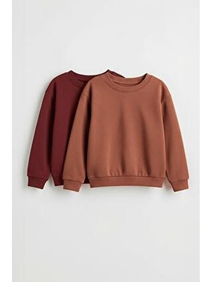 Perendi Unisex Çocuk Bordo & Kiremit 2'li Basic Bisiklet Yaka Sweatshirt Seti Uzun Kollu