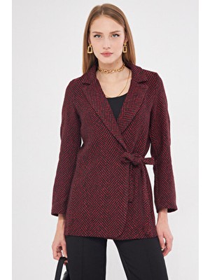 Armonika Kadın Bordo Yandan Bağlamalı Balık Sırtı Desenli Kaşe Ceket ARM-25K001019