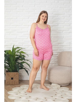 Asel Büyük Beden Kalp Desen Şortlu Likralı Milan Kumaş Pijama Takım