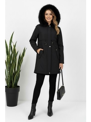 Hiramir Kadın Kürk Kapüşonlu Astarlı Fermuarlı Siyah Kaban KS2546