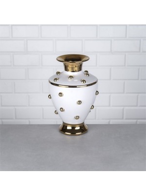 Hinora Gold Beyaz Boncuklu Konik Porselen Vazo Büyük Boy 22X22X31CM Tekli Satılır