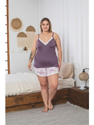 Asel Büyük Beden Askılı Şortlu Likralı Penye Kumaş Pijama Takım