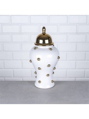 Hinora Gold Beyaz Boncuklu Büyük Boy Porselen Küp Dekoratif Süs 22X22X45CM Tekli Satılır