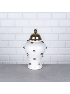 Hinora Gold Beyaz Boncuklu Küçük Boy Porselen Küp Dekoratif Süs 17X17X31CM Tekli Satılır