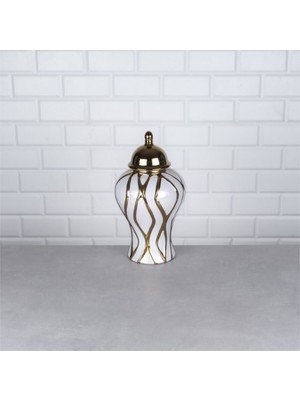 Hinora Gold Beyaz Çizgi Detay Küçük Küp Porselen Dekorasyon Obje 17X17X31 Tekli Satılır