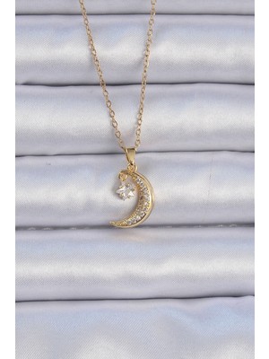 Ayder Timya 316L Çelik Zincir Altın Renk Zirkon Taşlı Sallantılı Ay Yıldız Kolye - TJ-BKO9061 TG/Tmya1395 217732
