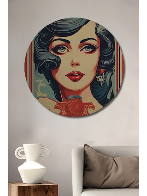 Teona Ahşap Retro Kadın Portresi Yağlı Boya Görünümlü Ahşap Dekoratif Tablo Yuvarlak Duvar Tablosu