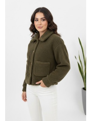 Hiramir Peluş Düğmeli Geniş Yakalı Mont Taş KS2543