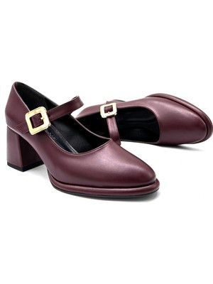 Kindep Atkı Toka Detaylı Topuklu Günlük Kadın Ayakkabı Bordo