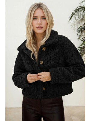 Hiramir Peluş Düğmeli Geniş Yakalı Mont Taş KS2543