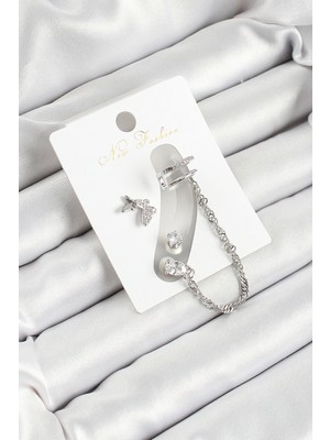 Pirinç Kelebek Figürlü Zirkon Taşlı Gümüş Renk 3'lü Kıkırdak Kadın Küpe Set EB-53-VICE/(1395) 0135