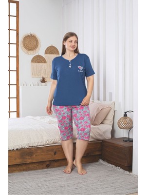 Asel Büyük Beden Likralı Penye Kumaş Kapri Pijama Takım