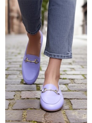 Barones Ayakkabı Hakiki Deri Metal Tokalı Kadın Loafer Ayakkabı - Lila