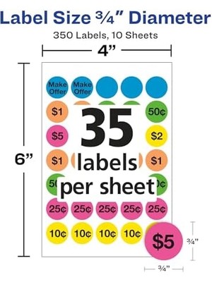 Önceden Basılmış Çıkarılabilir Garaj Satış Etiketleri, 0,75 Inç, Yuvarlak, 350&APOS;LI Paket (5480), Çeşitli Neon