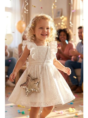 Babymod Çantalı Fiyonklu 100% Pamuk Şık Özelgün  Kız Çocuk Elbise Krem