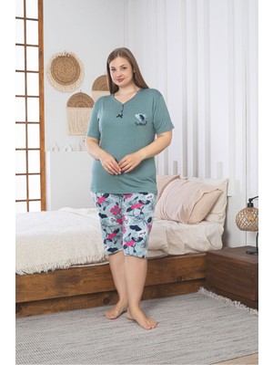 Asel Büyük Beden Likralı Penye Kumaş Kapri Pijama Takım