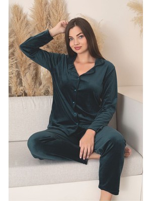 Asel Kahverengi Renk Boydan Düğmeli Kadın Kadife Pijama Takımı