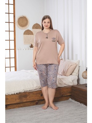 Asel Büyük Beden Likralı Penye Kumaş Kapri Pijama Takım