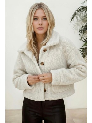 Hiramir Peluş Düğmeli Geniş Yakalı Mont Taş KS2543