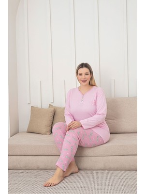 Asel Büyük Beden Uzun Kollu Pamuklu Kumaş Pijama Takımı