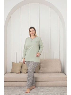 Asel Büyük Beden Uzun Kollu Pamuklu Kumaş Pijama Takımı