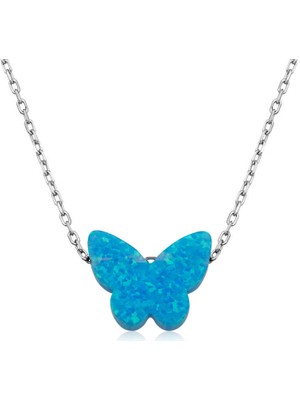 Erseyy 925 Ayar Gümüş Mavi Opal Taş Kelebek Kadın Gümüş Kolye