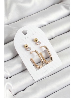 Pirinç Zirkon Taş ve Dikdörtgen Figürlü Gold Renk 3'lü Çift Kadın Küpe Set EB-53-VICE/(1395) 0128