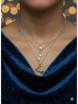 Uno Di Famiglia 3'lü Charm Kolye Seti , Dünya Figürlü Kolye , Gözlük Figürlü Kolye , Motosiklet Figürlü Kolye